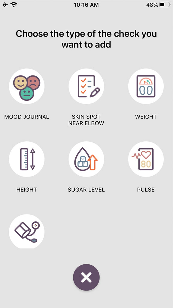 List of check types in MyselfTracker iOS App. It includes Mood Journal Check type 