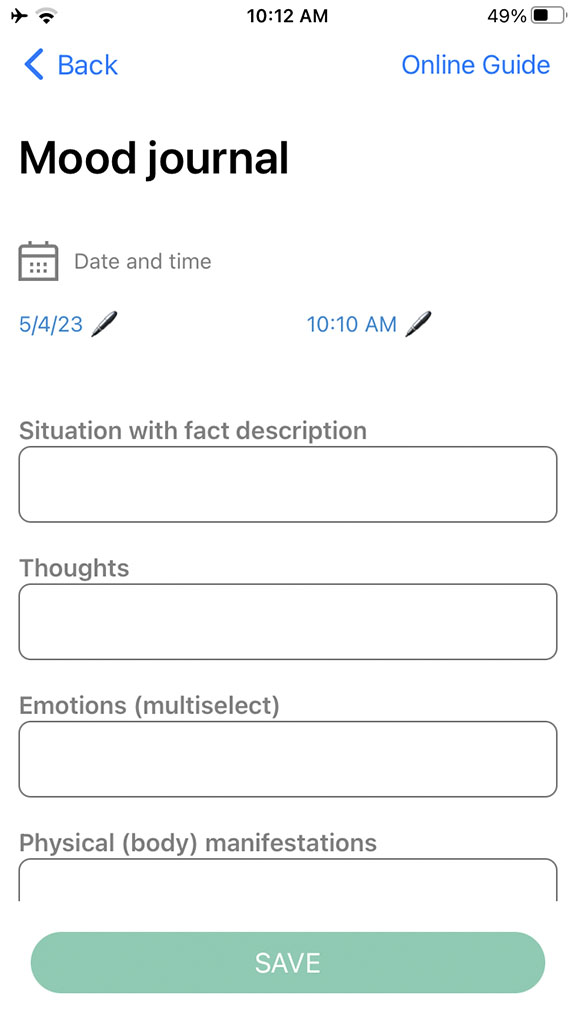 Mood journal entry creation screen of MyselfTracker iOS App is displayed. It includes all the necessary fields required for a mood journal entry