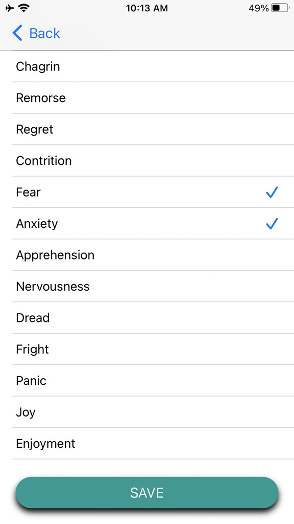 List of Emotions in MyselfTracker iOS App. Multiple emotions are selected